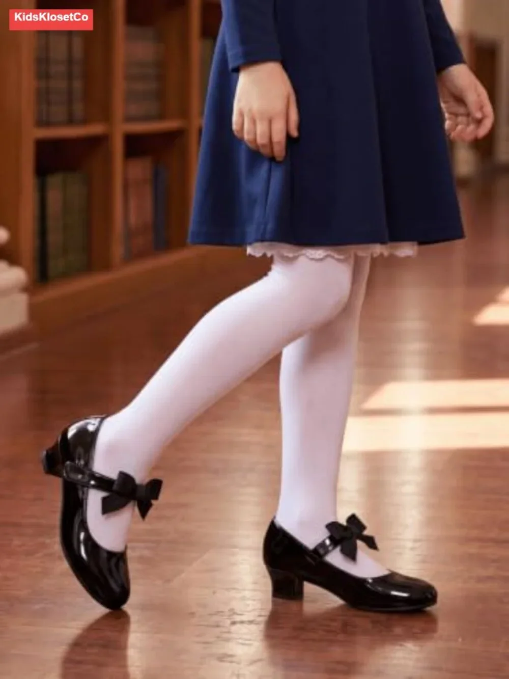 Girls Patent Faux Leather Mary Jane Low Heel Bow Dress Shoes